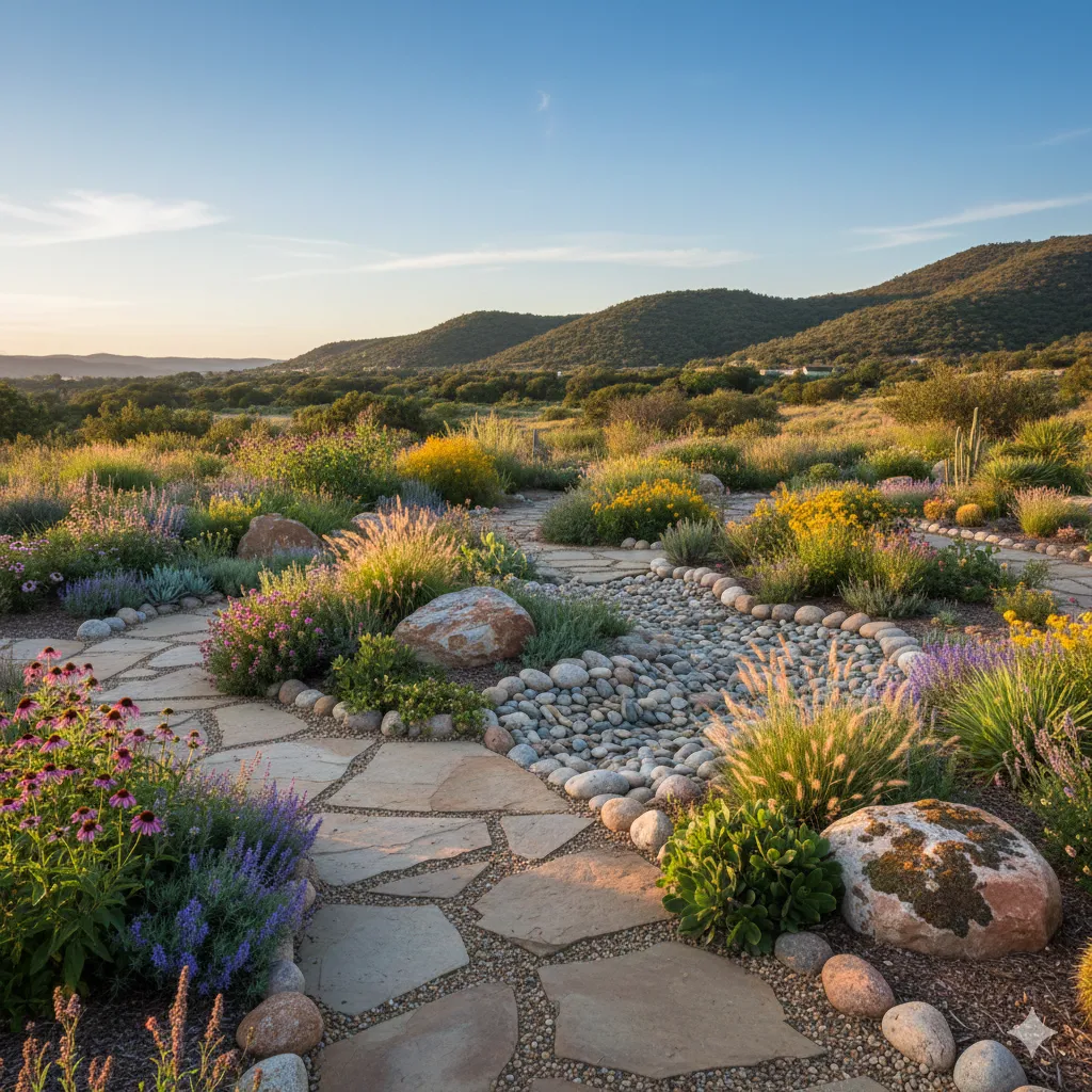 Beautiful low-maintenance landscaping with native plants and decorative stones