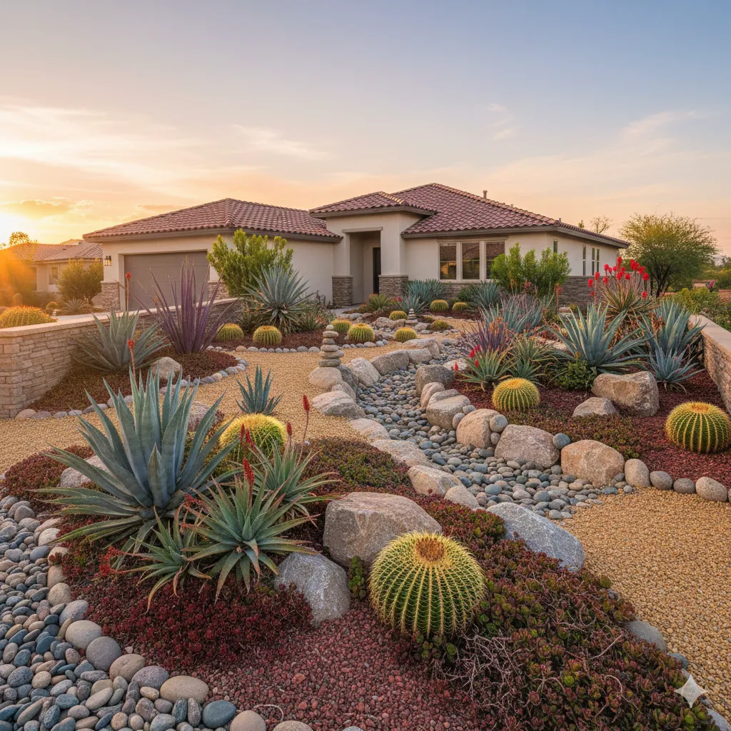 Xeriscaping design featuring drought-resistant succulents and decorative rock mulch in residential yard