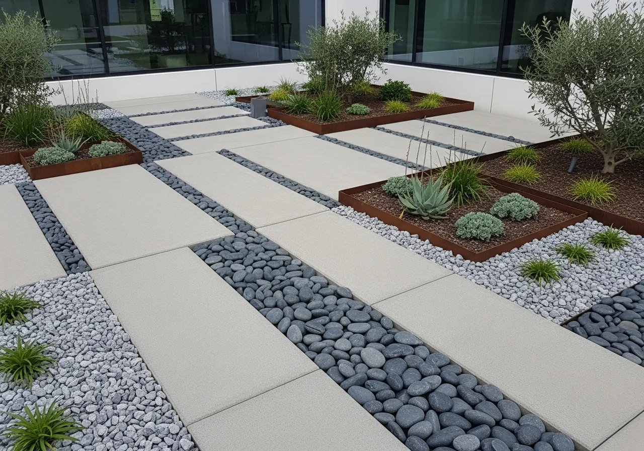 Modern hardscape design with pavers, decorative stones, and minimal planting areas